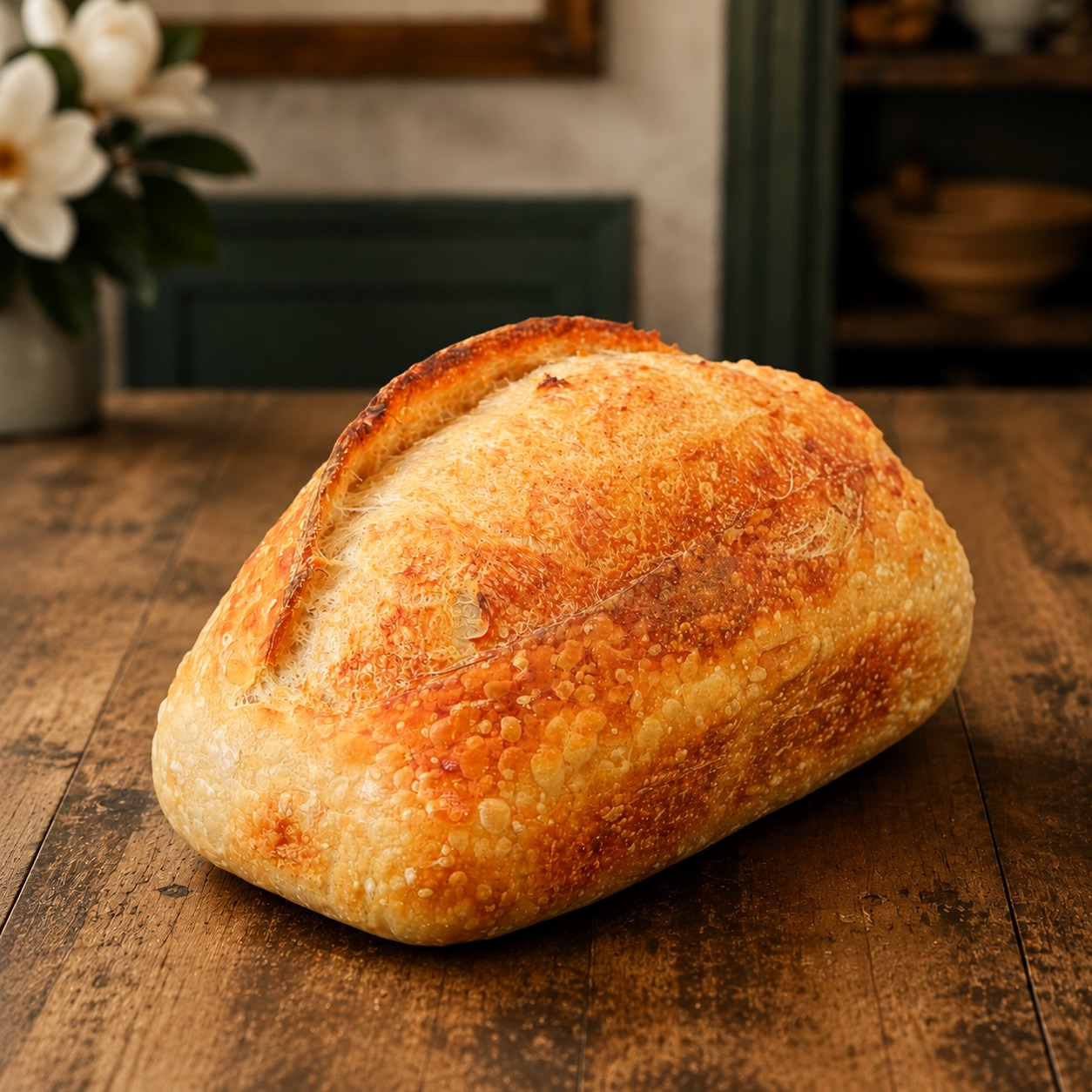 Golden Classic Rustic Sourdough loaf on a farmhouse bakery table