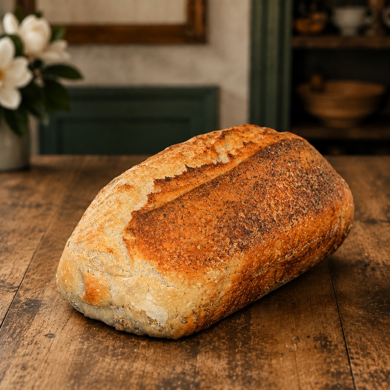 Golden garlic and Italian herb-encrusted Rustic Sourdough loaf on a farmhouse bakery table