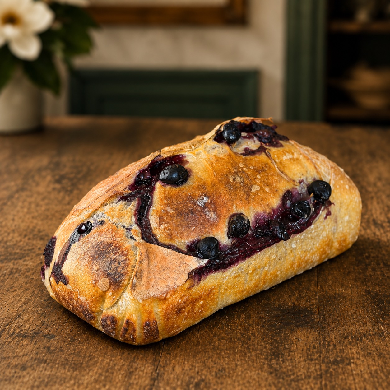 Golden Rustic Blueberry Lemon Sourdough loaf with baked blueberries on a farmhouse bakery table